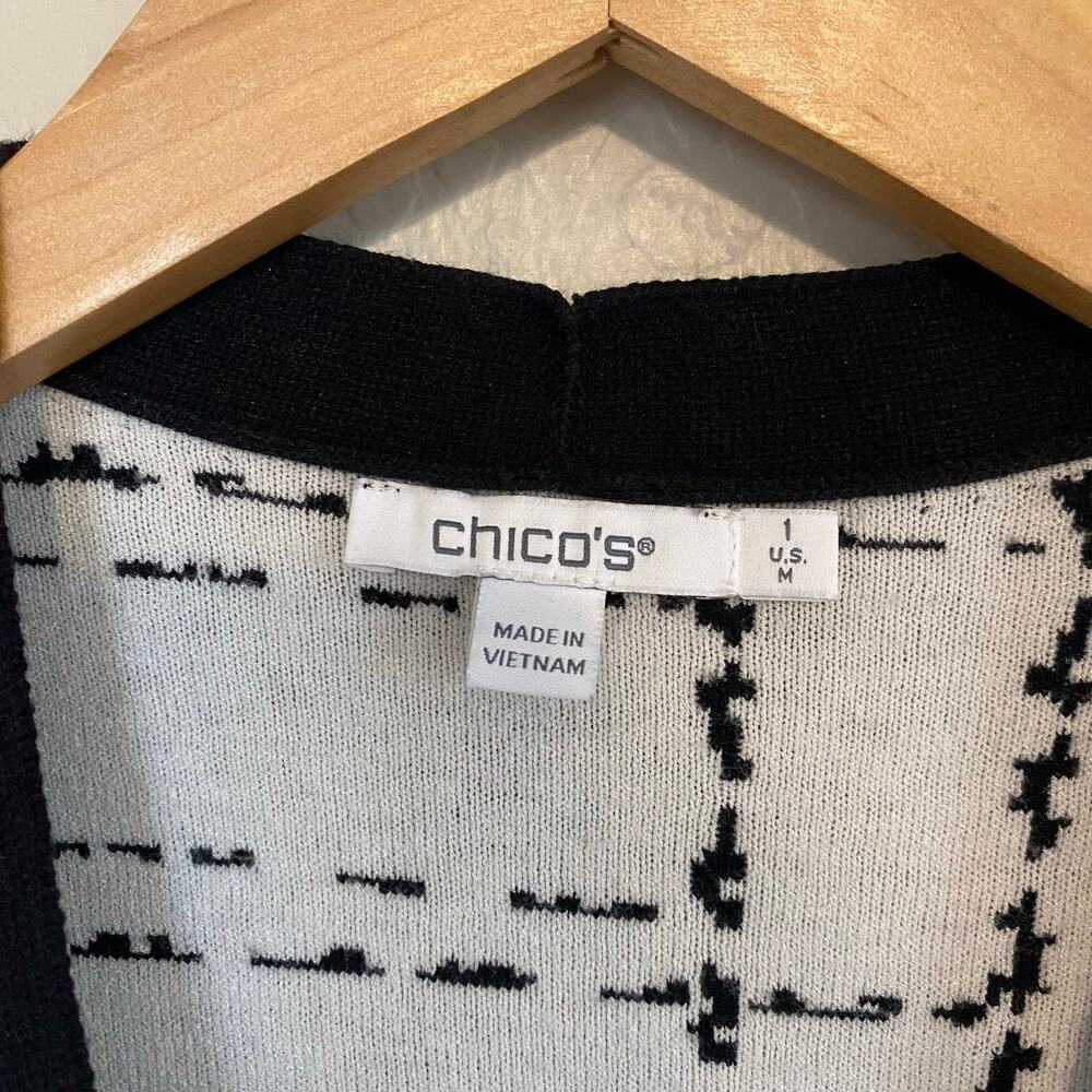 Chico's Black & White Checkered Cardigan Womens Size 1 Medium Windowpane - Picture 5 of 5
